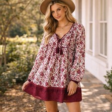 Lindex Floral Boho Mini Dress Tunic Sz S Burgundy Peasant Lightweight Prairie