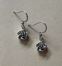 Silver-tone Rose Charm Earrings, Stainless Steel Jewelry, Flower Dangles