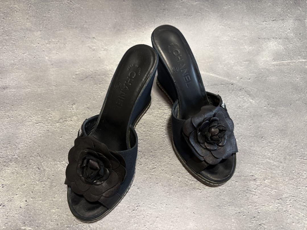 CHANEL Black Leather Camellia Wedge Sandals Size 36