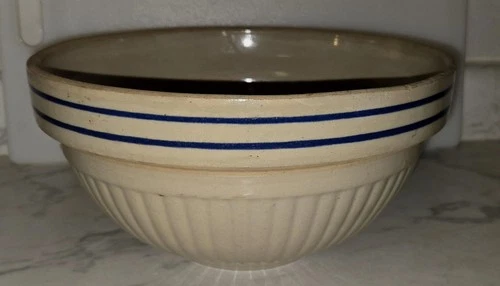 Vintage Red Wing Stoneware Ribbed Mixing 10 " Bowl w/ Double Blue Stripe #10