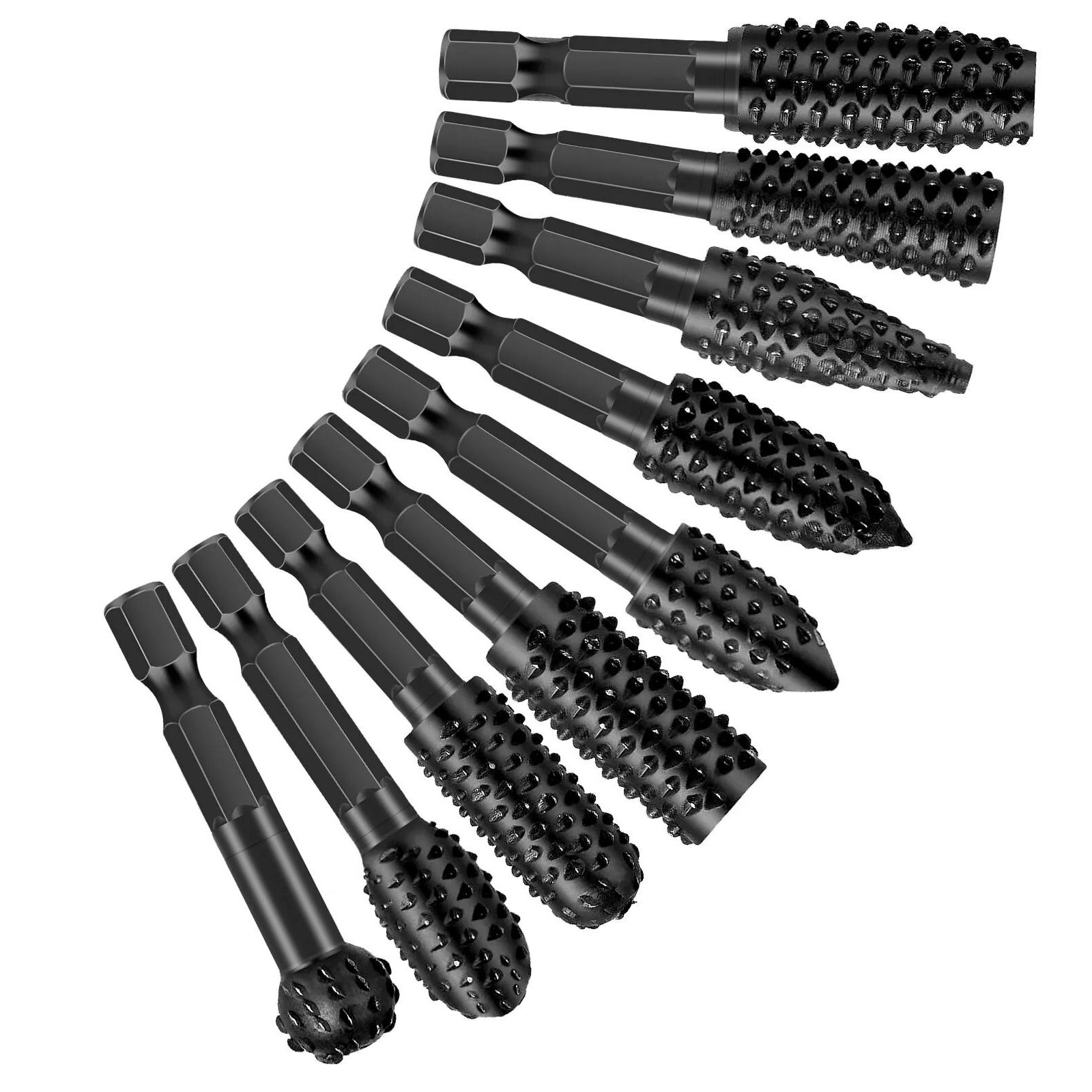 10Pcs New 1/4in Shank Rotary Burr Rasp Set Steel Wood Carving File Drill Bits