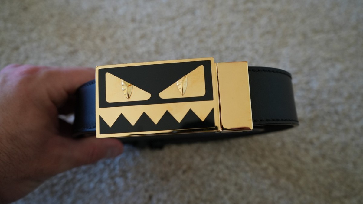 Fendi Black Monster Leather Belt with Gold Crystal Studs Fendi Vitello Havana Elite Monster Eyes Buckle Reversible  main image 4