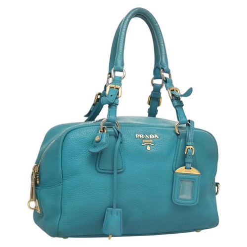 PRADA Shoulder Bag Leather Turquoise Blue Gold Auth 121722