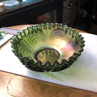 Fenton GREEN  Cut Arcs  Carnival Glass Bowl  7"