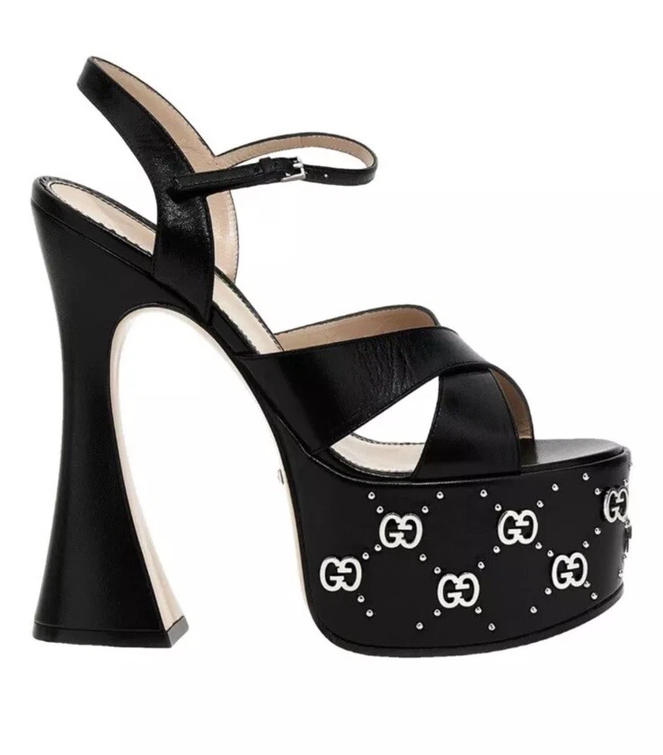 CHAUSSURES GUCCI JANAYA GG LOGO PLATEFORME CLOUS SANDALES EN CUIR NOIR 1 pointure 41