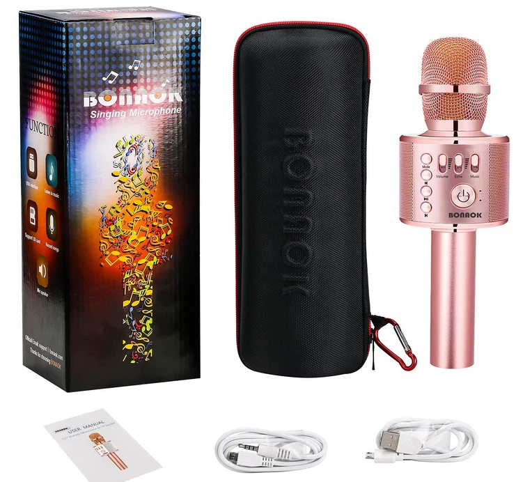 BONAOK Wireless Bluetooth Karaoke Microphone, 3-in-1 Portable Handheld Mic  Speaker for All Smartphones,Gifts for Girls Kids Adults All Age Q37(Rose