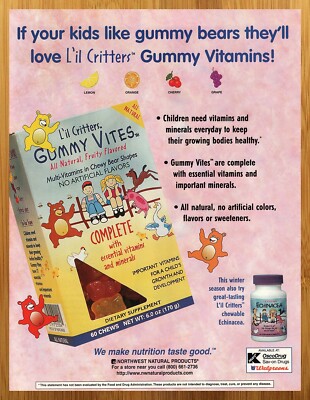1999 Lil' Critters Gummi Vites Print Ad/Poster 90s Kids Fruit Bears Vitamin Art
