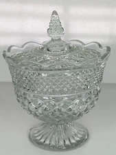 MCM Indiana Glass Scalloped Diamond Pattern Footed Bowl Lid Trinket Bowl Candy