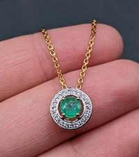 Green Emerald Gemstone Halo Gold Plated  Sterling Silver Pendant Chain Necklace