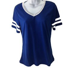 Women Summer Blue Short Sleeve T Shirt V Neck Casual Blouse Size M A20 
