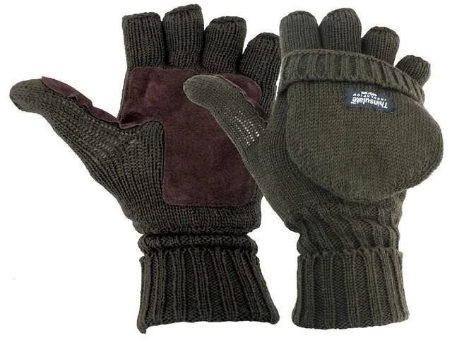 Thinsulate Lined Knitted Olive Foldback Gloves Fingerless Mitts Thermal Suede - Image 2 of 2