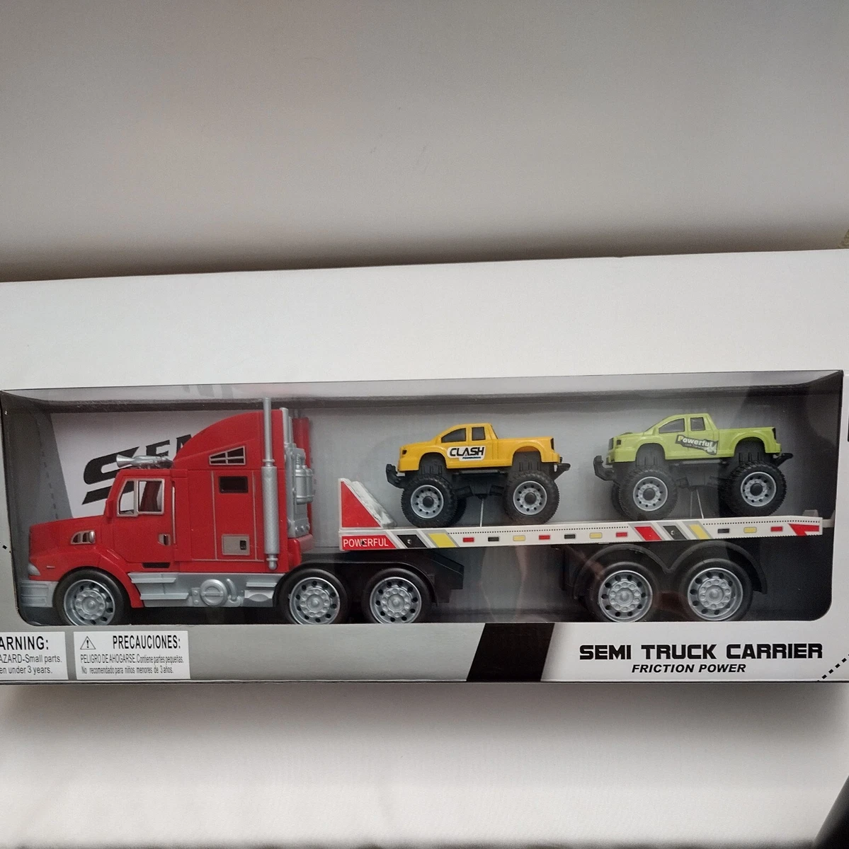 Friction Powered Red Semi Truck Carrier Vehicle Transport Flatbed 3 Pc Set Toy
