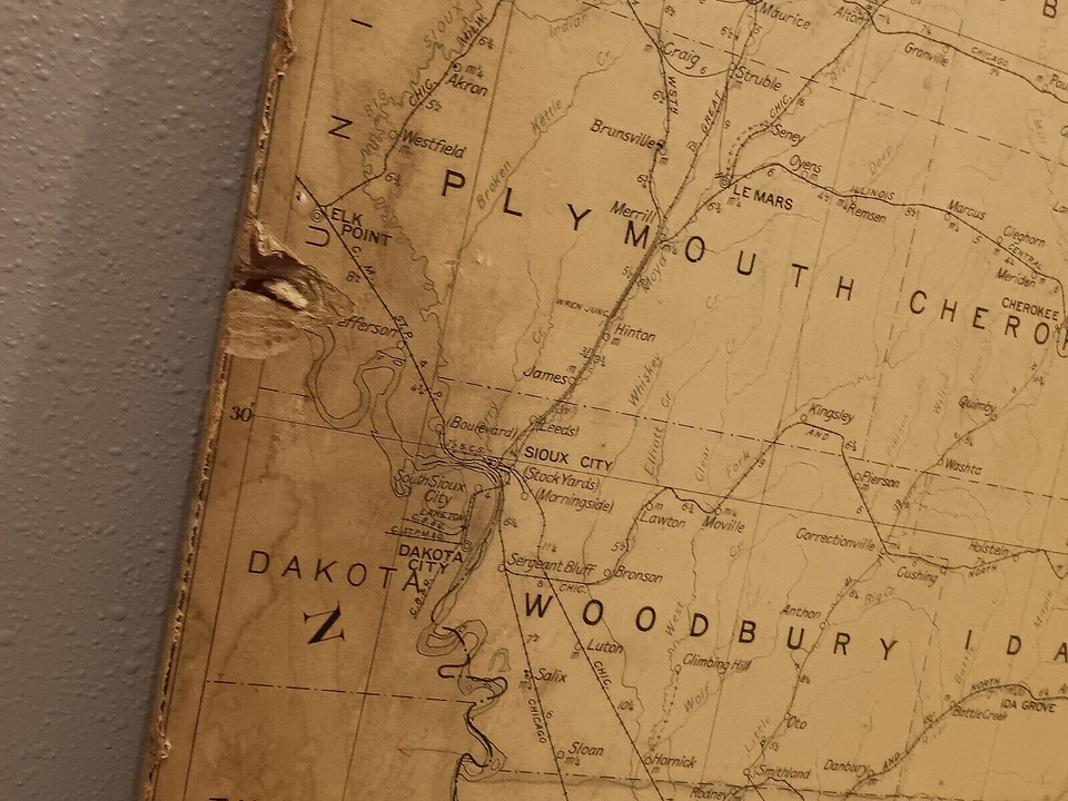 1935 State of IOWA POST OFFICE POSTAL ROUTE wall MAP Heavy Cardboard 49