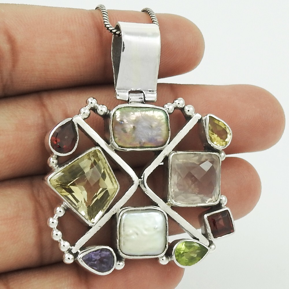 Naturel Gemme Grenat Pendentif Bohémien 925 Argent Sterling Bijoux Pour