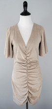 Zara Basic V-Neck Tan Brown Suede Like Cinch Sheath Short Sleeve Dress Medium