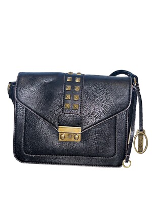 CARLOS SANTANA SERENA BLACK LEATHERETTE  ANTIQUE GOLD STUDS FLAP CROSSBODY BAG