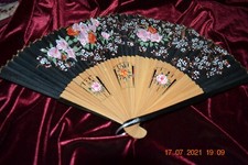 Vintage Hand Painted Silk/wood fan Floral and wood base painted also JAPAN 5 