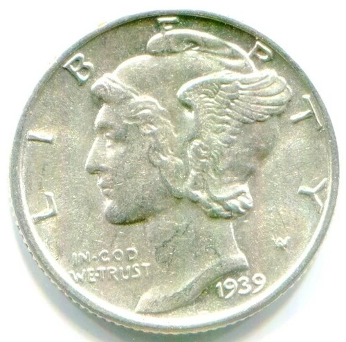 1939 Silver Mercury Dime !! Full Clear Fasces ! AU