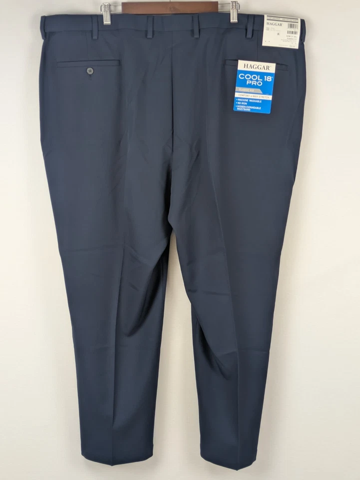 Pantalones de vestir Haggar Cool 18 Pro para hombre 50x30 ajuste 50x29 azul marino pantalones clásicos NUEVO Foto 2 de 4