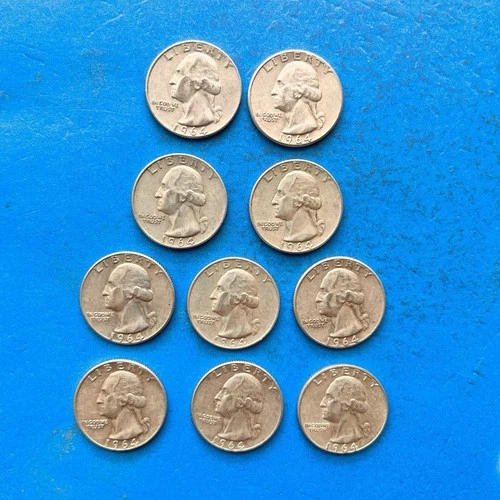 Lot of 10 Silver Washington Quarters 1964