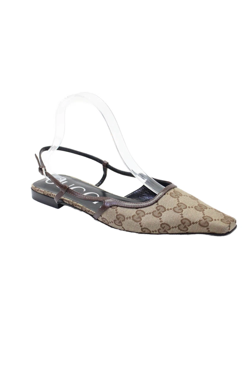 Chaussures plates femme Gucci imprimé monogramme bordure cuir pointu marron taille 9