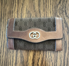 Gucci Brown Monogram Canvas Leather Key Case Holder with Logo Accent
