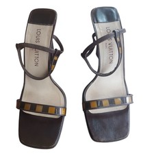 LOUIS VUITTON Brown Patent Leather Damier Ebene Strappy Heel Sandals, 38.5
