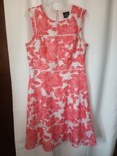 Adrianna Papell Fit Flare Floral Dress S 14 Red White Gingham Bloomcore Preppy
