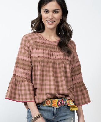 Ivy Jane Bell Sleeve Connect In Check Top Size Large Smocking New With Tags
