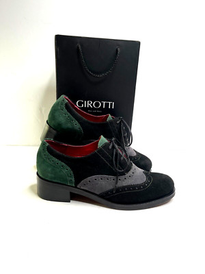 Girotti Tri-Color Suede Wingtip Women Shoes US9 EU39 Lace Up Made in Itayl