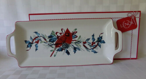Lenox Winter Greetings Handled Hors D'ouevre Tray Christmas Cardinal NEW w/ Box