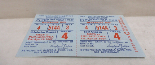 Vintage 1967 New York Mets vs Phillies Unused Ticket Stub Shea Stadium 4/21/67 - Picture 3 of 4