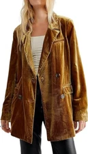 Women's Velvet Blazers Notch Lapel Double Breasted Work Office Blazer Jacket