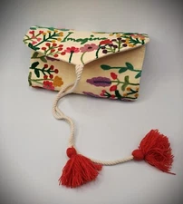 Jewelry Pocket Organizer Floral Embroidered Linen Roll & Tie Travel Pouch