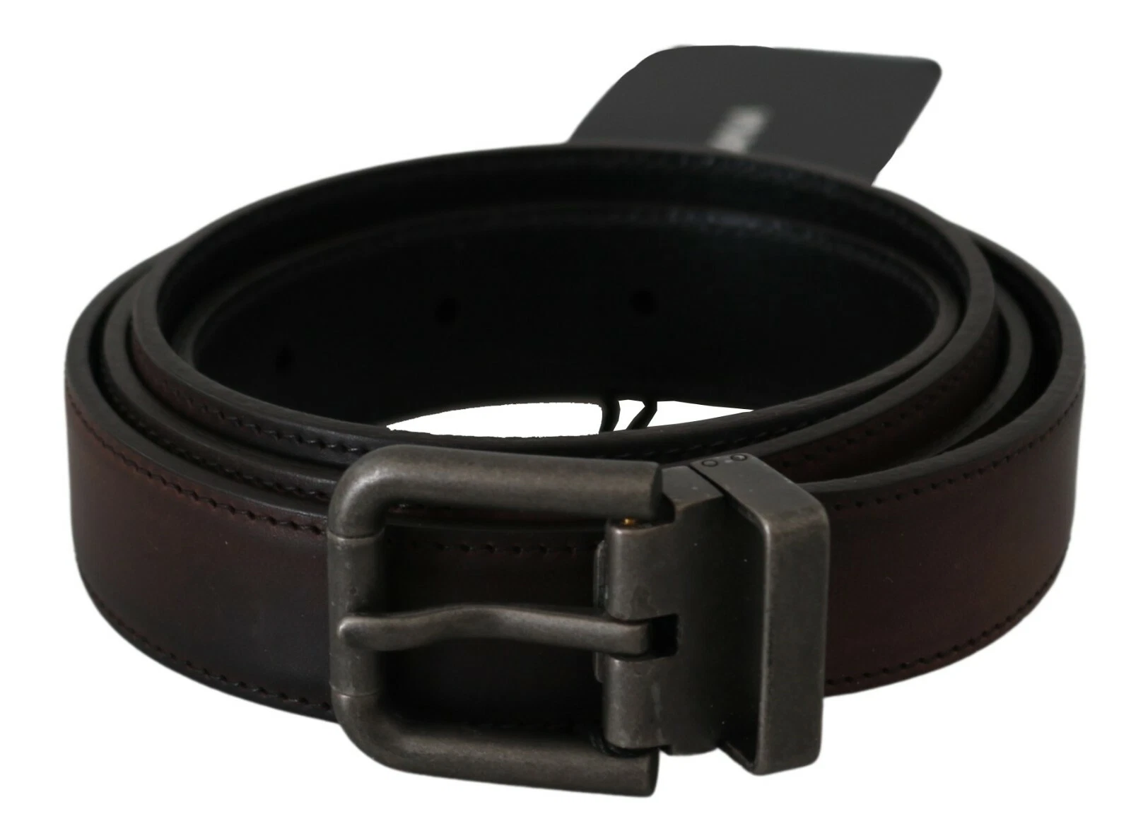 DOLCE & GABBANA Belt Solid Brown Leather Gray Buckle s. 115cm  46in RRP $400