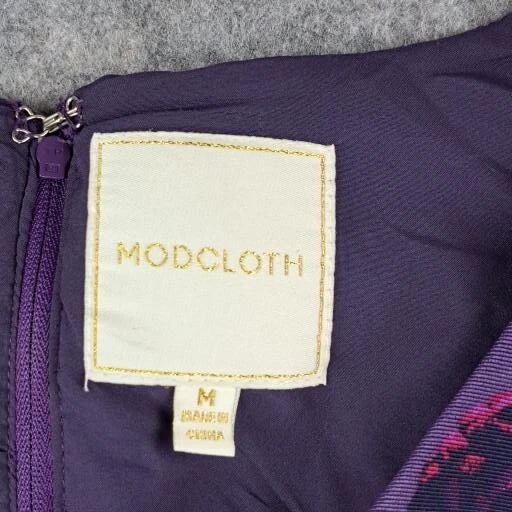 Modcloth Dress Womens Medium Purple Floral Roses Fit Flare Sleeveless Sash Tie - Image 2 of 4