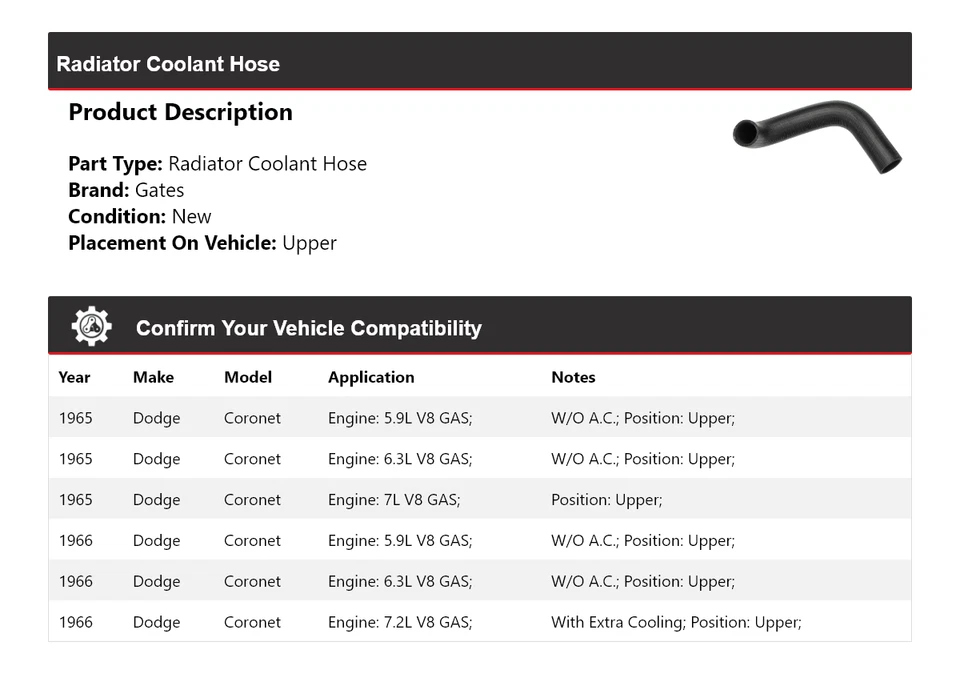 Manguera de refrigerante de radiador puertas superiores para Dodge Coronet 1965-1966 Foto 2 de 4