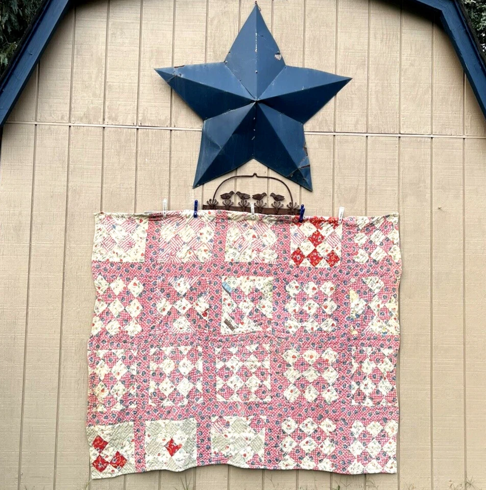 Edredón de granja de la década de 1920 9 parches variación rosa con saco de harina impreso trasero 60 x 76" Foto 2 de 4