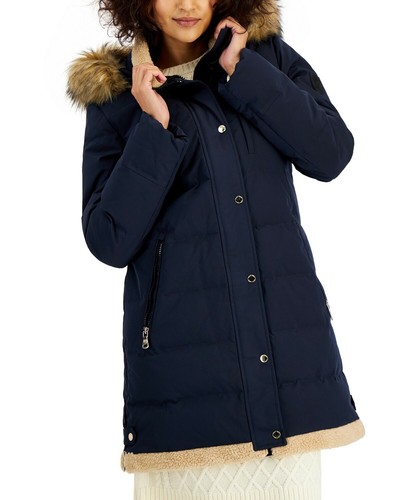 Faux-Fur-Trim Hooded Down Puffer Coat 