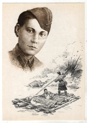 1975 WW2 HERO USSR Samsonova  Medical NURSE Military Raft Russian Postcard OLD