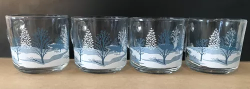Anchor Hocking Clear Glass Blue White Winter Tree Scene Mugs -  Set Of 4