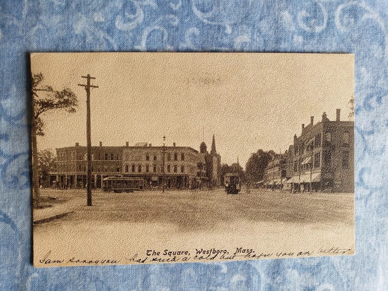Vintage PostCard WESTBORO MASS Massachusetts The Square 2 Trolleys posted 1906