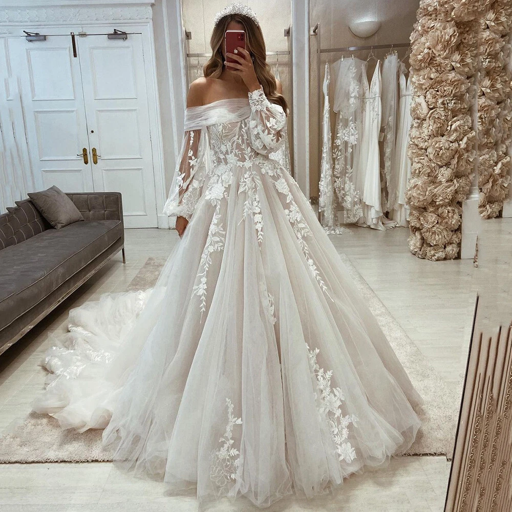 Off the Shoulder Wedding Dresses Detachable Puffy Long Sleeve A line Bridal  Gown