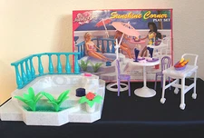 FANCY LIFE DOLLHOUSE FURNITURE SUNSHINE CORNER W/ POOL Umbrella PLAYSET FOR Doll