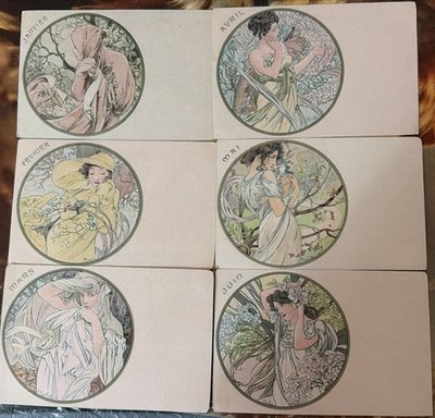 12 cards by illustrator Alphonse Mucha the months of the year