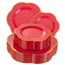  50PCS Plastic Plates - Heavy Duty Disposable Plate-and Gold Include 25PCS Red