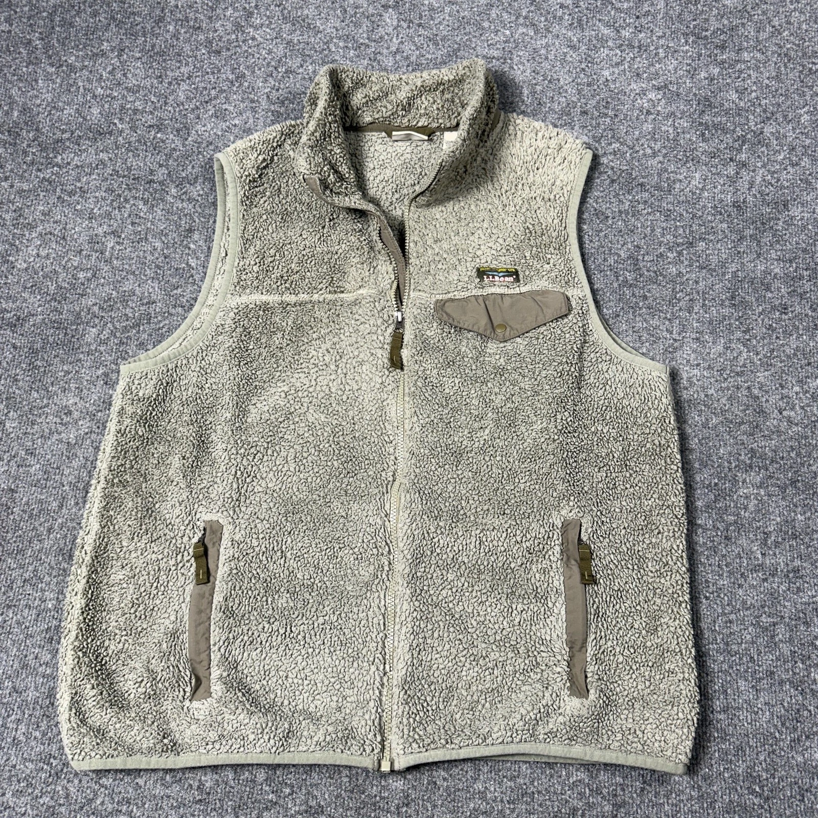 L.L. Bean Vest Mens Large Gray Sherpa Fleece Full Zip Pockets Stand Collar