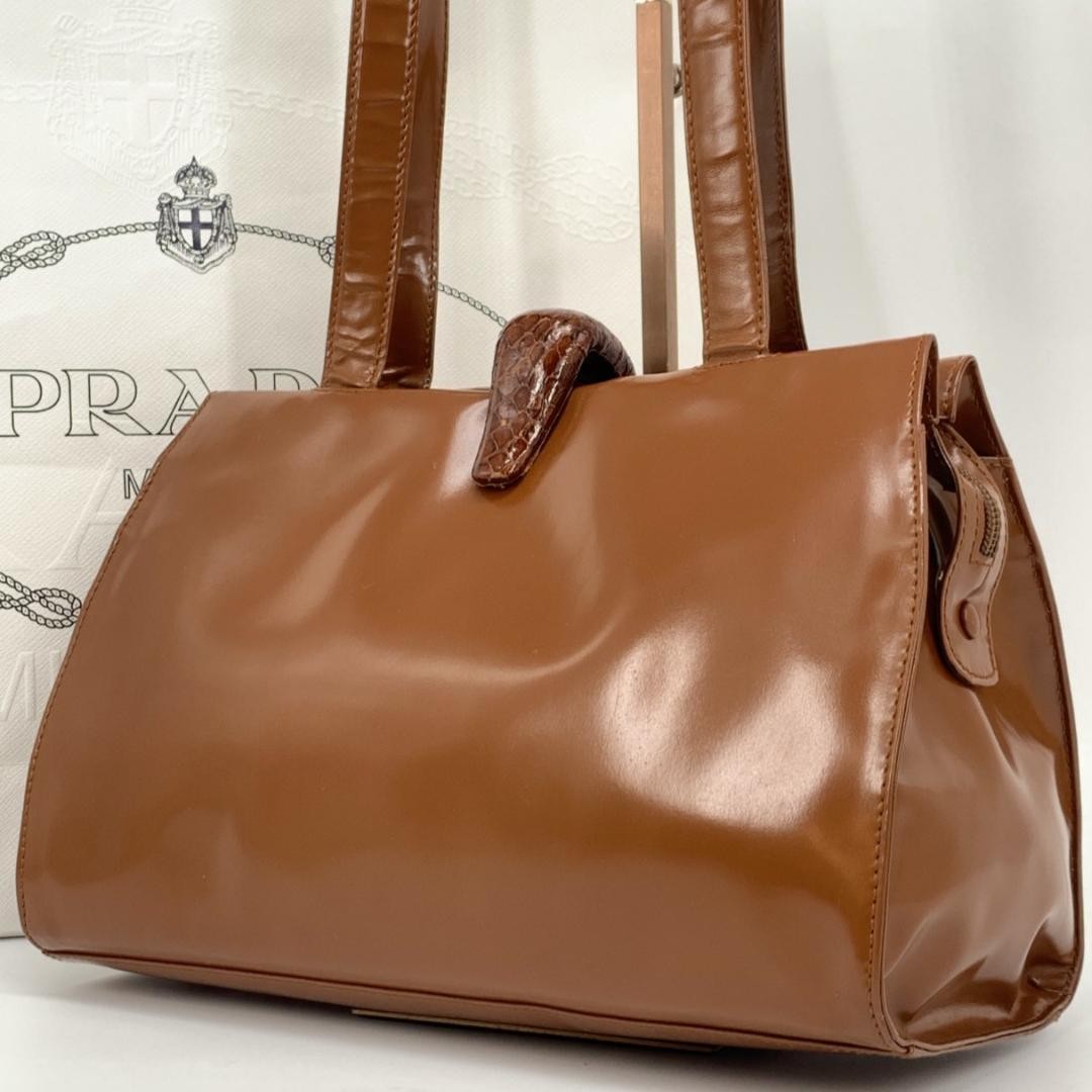 Prada Brown Patent Leather Enamel Python Logo Sho… - image 1