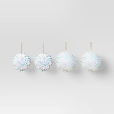 4ct 6" Christmas Iridescent Pom Pom Ball Ornament Set White - Wondershop