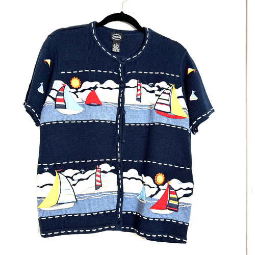 Designers Studio Originals Nautical Theme Sweater Sailboats Navy Blue Preppy S